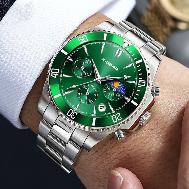 X-GEAR Fashion Mens Watches for Men Sport Waterproof Stainless Steel Quartz Watch Luxury Man Business Luminous Clock