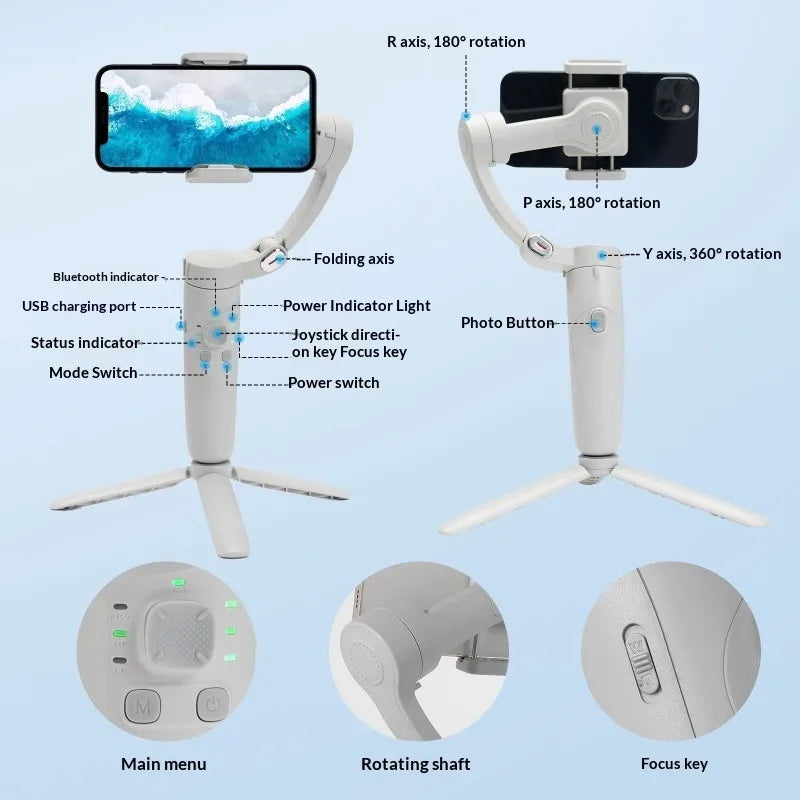 3-Axis Phone Gimbal, AI Face Tracking, Gesture Ctrl, 360° Rotate, 10H Battery, Foldable, for IPhone Android Vlog Live